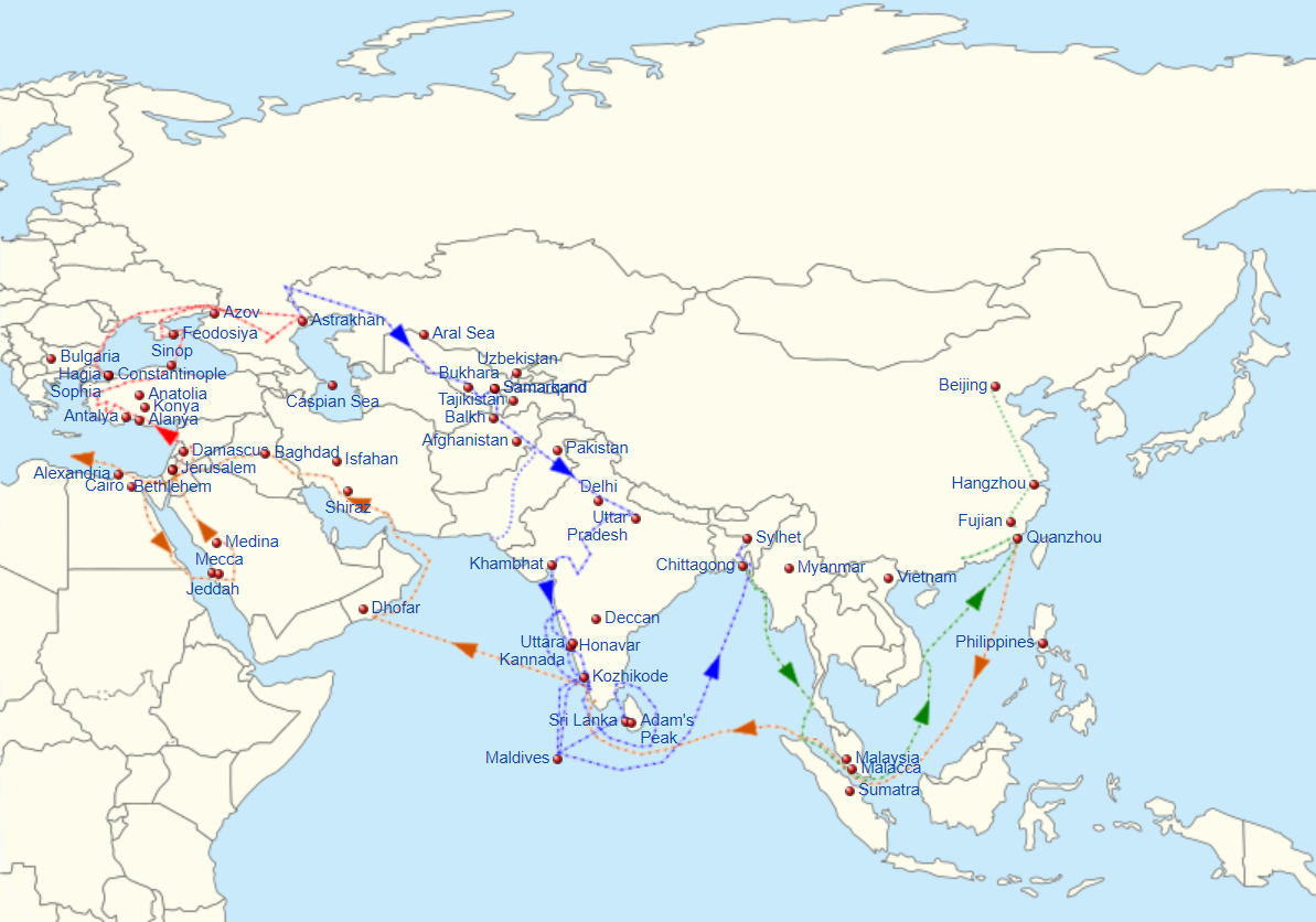 伊本·巴圖塔到中國的長途旅行路線（1332-1346），目前確定最遠有到杭州，是否到達北京仍有待確認。（圖／Wikipedia）