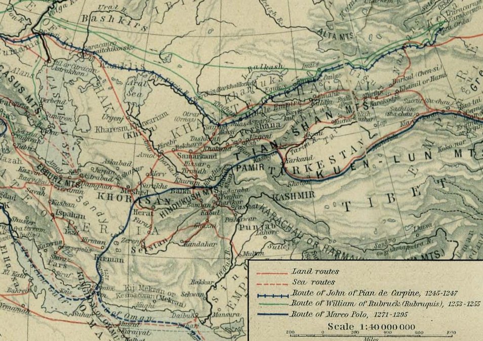 圖片最上方深藍色鐵軌型路線，即為本篤與柏郎嘉賓的長途旅行路線。（圖／William Robert Shepherd，Wikimedia Commons）