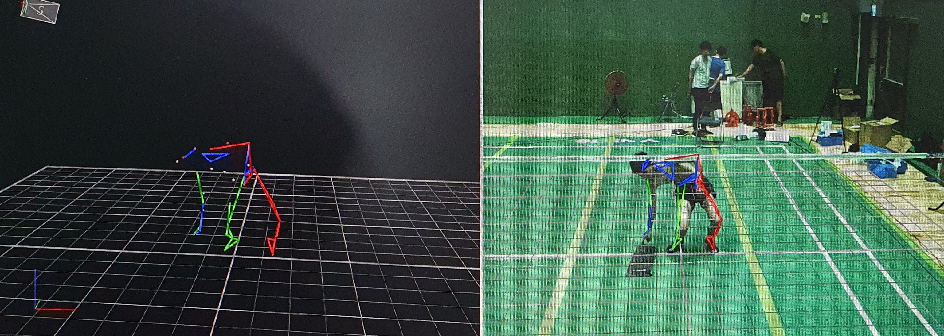 左右畫面皆為電腦重建模擬選手的姿態及動作，左邊是感測器建立的人物模型，右邊同步對應到現場攝影機的實際圖像。（圖／簡克志攝）