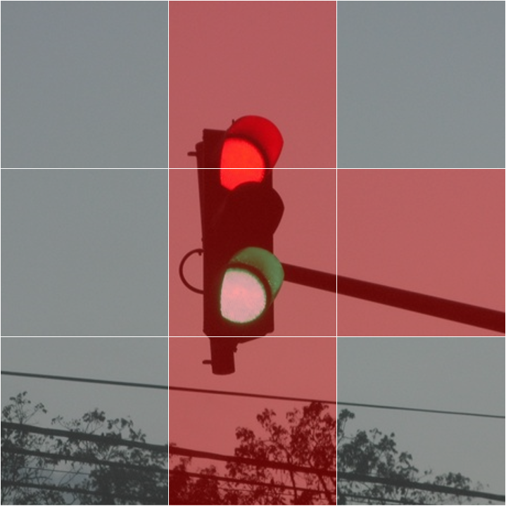 「請點選圖中包含紅綠燈的部分。」若要成功登入，必須選對格子（紅格處）。（圖／imgflip）