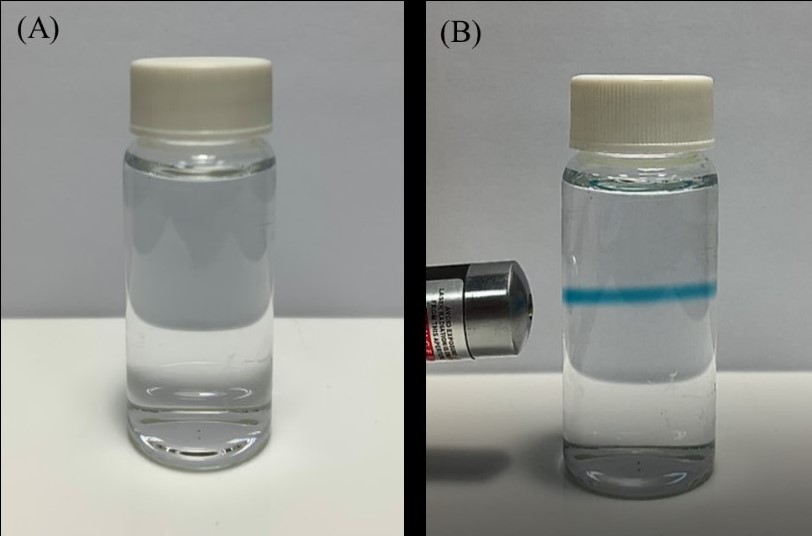 彰化師範大學教授林泱蔚的團隊利用紫色雷射光照射亞甲藍溶液的呈色反應，模擬模擬光熱效應釋放出hpDNA上的Dox抗癌藥物。  (A)未照光的亞甲藍與還原劑作用，生成無色的還原態(B)照射紫光雷射的亞甲藍呈現出藍色。（圖／林泱蔚教授團隊提供）