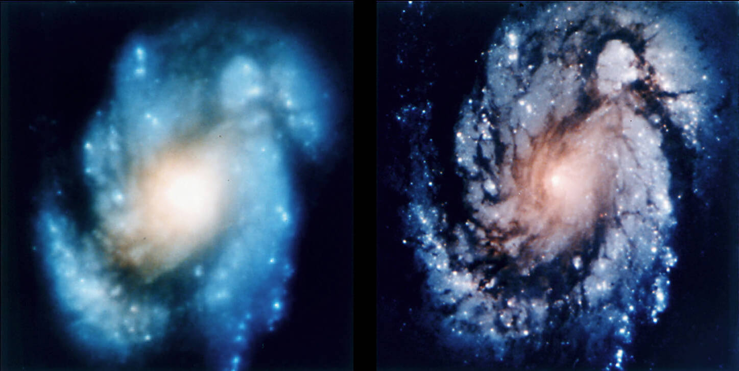 圖二：哈伯太空望遠鏡發射升空後的圖像（左），以及後來維修任務完成後的圖像（右）。圖片來源／NASA Open Source