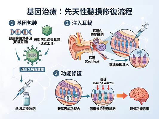 先天性聽損的基因治療利用改造後的病毒作為運送工具，將健康的基因送入耳蝸內細胞，補回缺失的功能，進而修復聽覺。（AI重製圖，資料來源：臺北榮民總醫院醫學研究部基礎研究科鄭彥甫主任）
