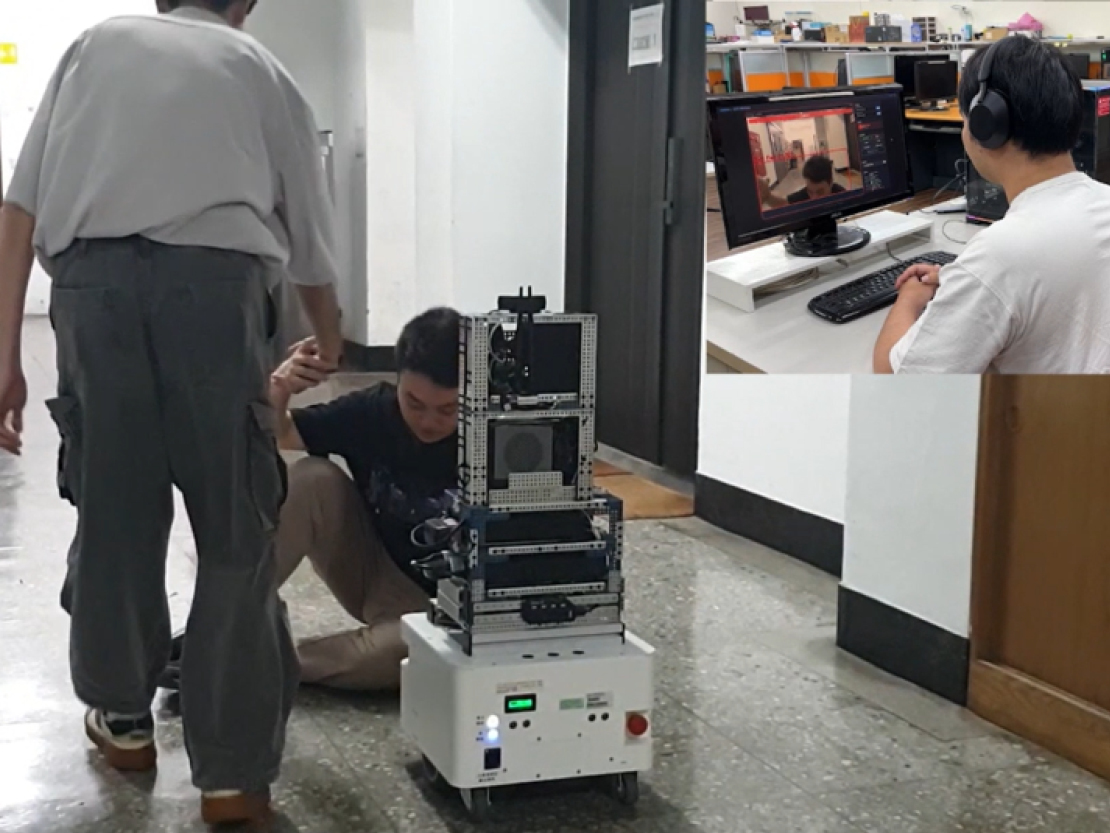 團隊設計巡房機器人,巡邏時辨識到病患坐在地上,病患表達疼痛或身體不適,才會即時通知護理站。(圖片提供:國立臺灣師範大學電機工程學系王偉彥研究講座教授團隊)
